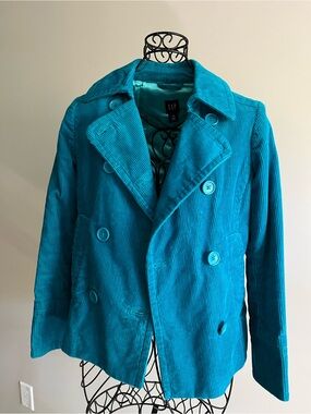 GAP cuuuute teal corduroy pea coat! On Trend Acid Blue Cerulean like new